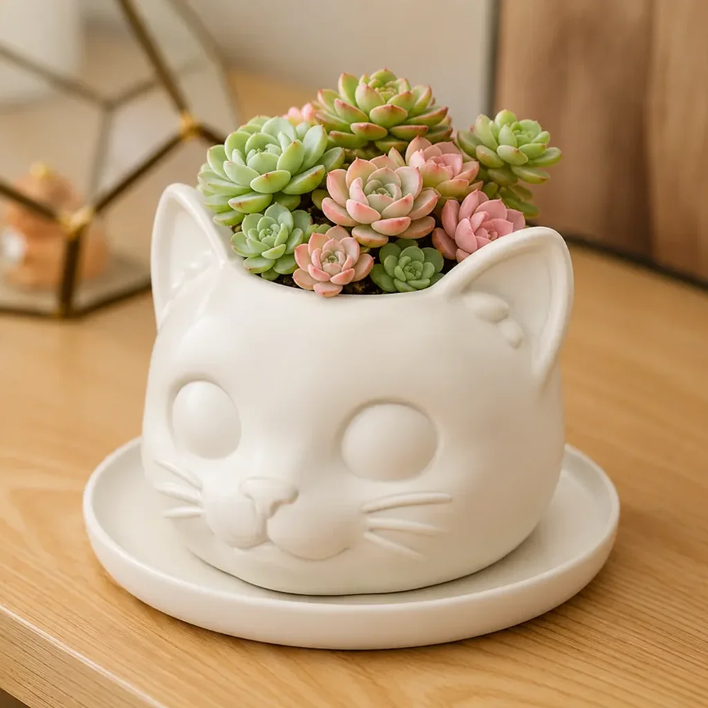 A planter shaped like a cat, with a succulent and matching saucer