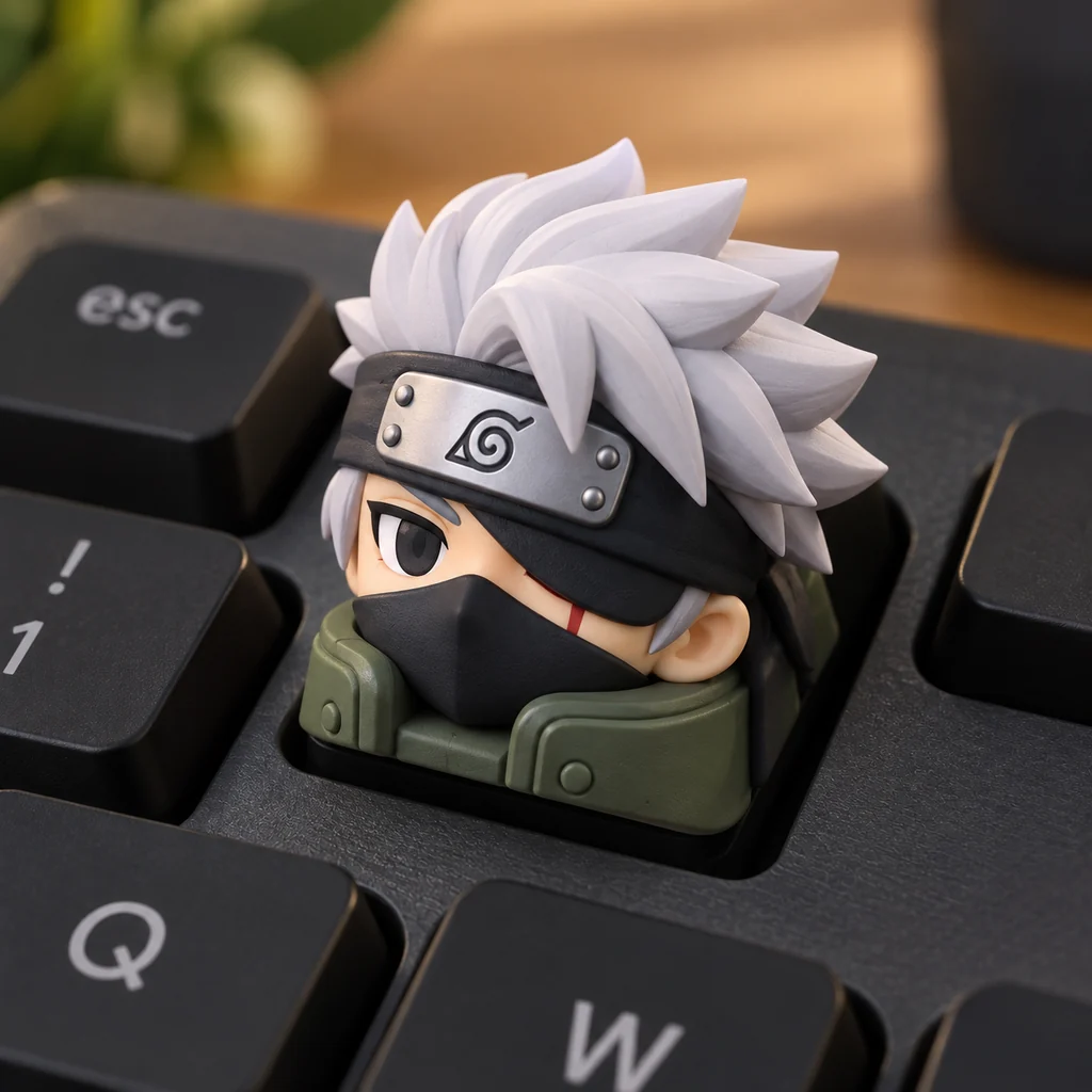 A custom sculpted character keycap on a mechanical keyboard.