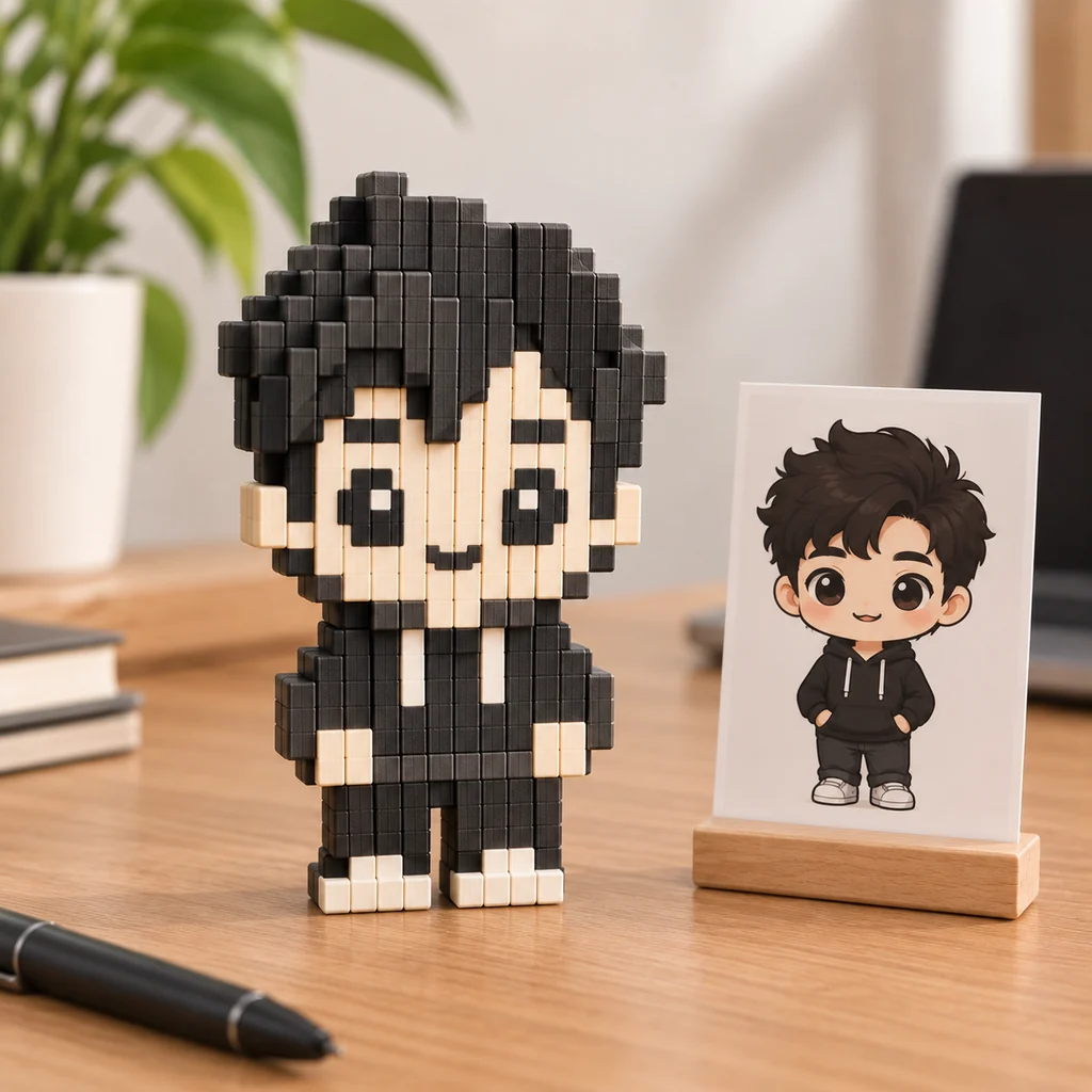 A photo turned into a chunky pixel-art figure, beside the portrait it was made from.