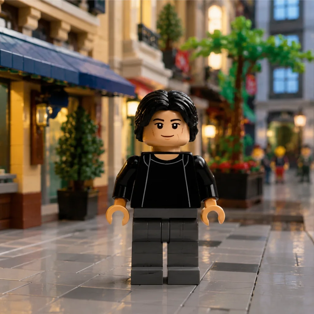 A brick figure posed in a street scene