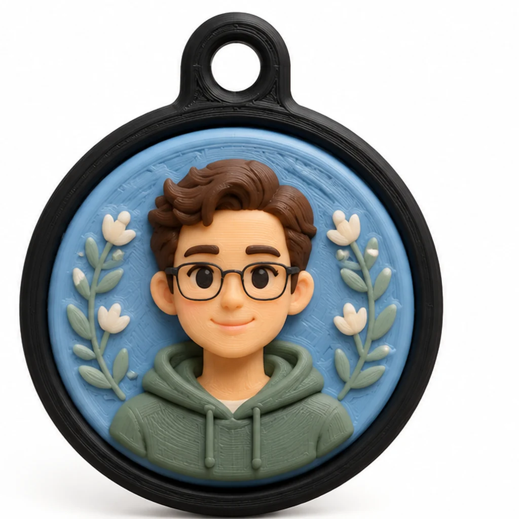 A full-colour relief portrait on a round keychain with a keyring loop.