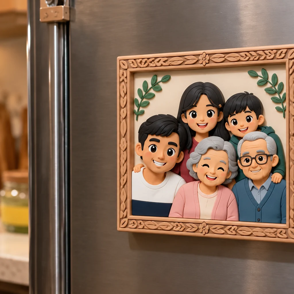 A family photo turned into a framed relief fridge magnet.