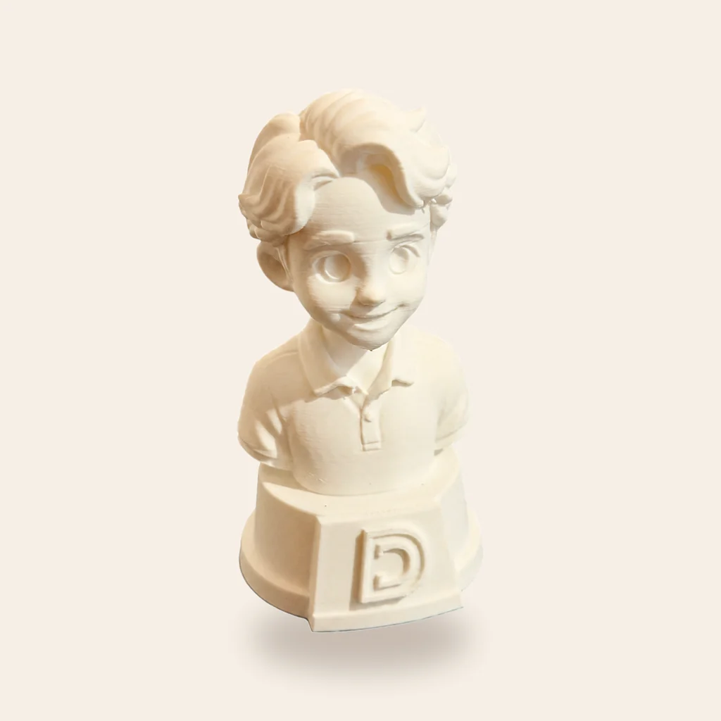 A compact stylised bust that captures someone's face, hair and character.