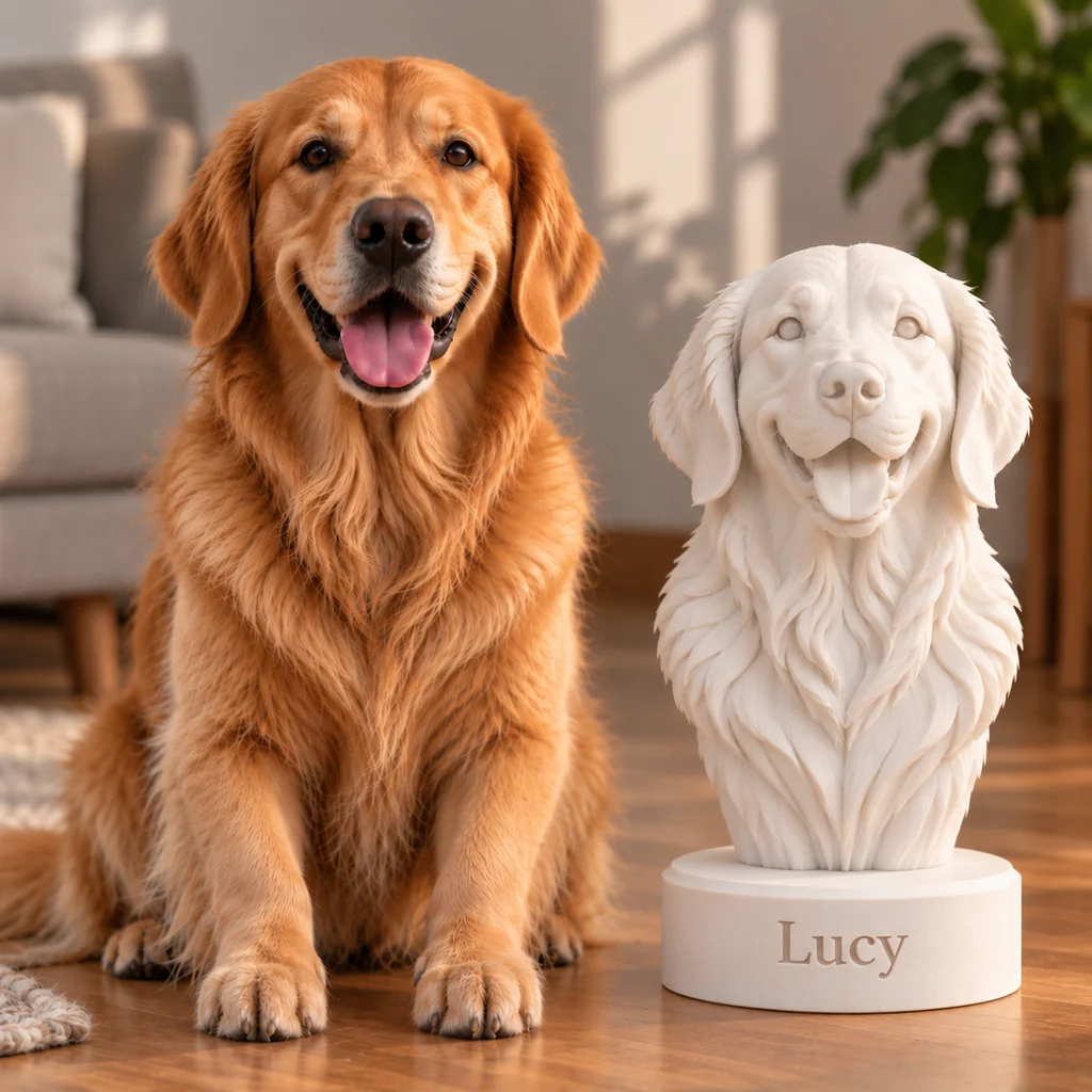 A single-colour sculpture of a pet, made from a photo