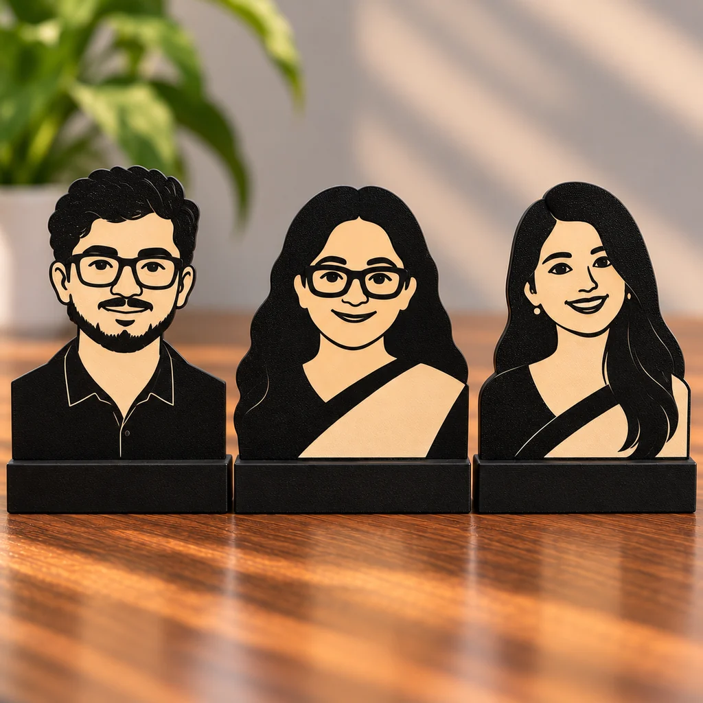 A photo portrait standing on a desk base with a name plinth.